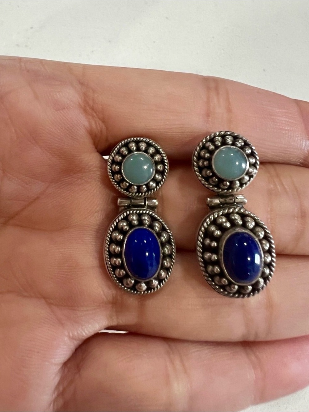 Suarti Bali 925 Sterling Silver Vintage Chalcedony Lapis Lazuli Drop Earrings